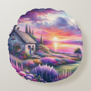 Pastelkleurig Zonsondergang Cottage Meerzijde Tuin Rond Kussen