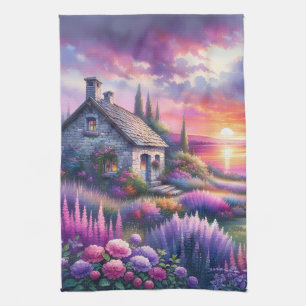Pastelkleurig Zonsondergang Cottage Meerzijde Tuin Theedoek