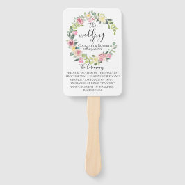 Pastelkleurige bloemenkrans trouwprogramma ventila handwaaier