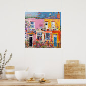 Pastelkleurige bloemige huizen poster (Keuken)