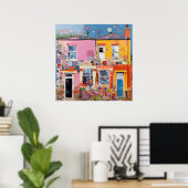 Pastelkleurige bloemige huizen poster (Thuiskantoor)