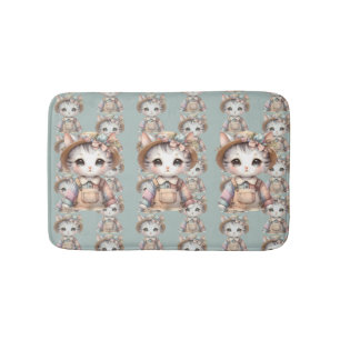Pastelkleurige Cottagecore Kat in Overall en Stroh Badmat