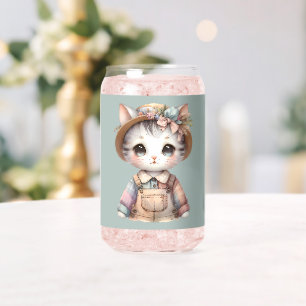 Pastelkleurige Cottagecore Kat in Overall en Stroh Blikvorm Glas