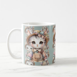 Pastelkleurige Cottagecore Kat in Overall en Stroh Koffiemok