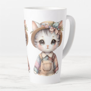 Pastelkleurige Cottagecore Kat in Overall en Stroh Latte Mok