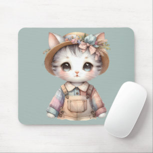 Pastelkleurige Cottagecore Kat in Overall en Stroh Muismat