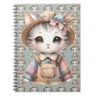 Pastelkleurige Cottagecore Kat in Overall en Stroh Notitieboek