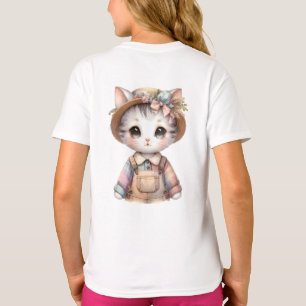 Pastelkleurige Cottagecore Kat in Overall en Stroh T-shirt