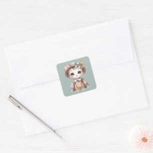 Pastelkleurige Cottagecore Kat in Overall en Stroh Vierkante Sticker