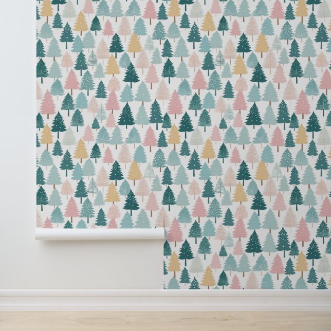 Pastelkleurige dennenbos kerstbomen gedessineerd behang (Applicatie)