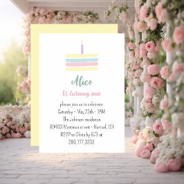 Pastelkleurige gele cake 1e verjaardagsfeestje kaart