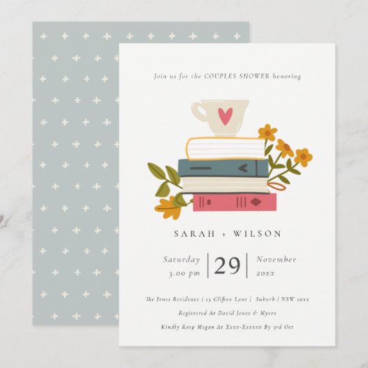 Pastelkleurige gestapelde boeken bloemige koppel u bedankkaart (Voorkant / Achterkant)