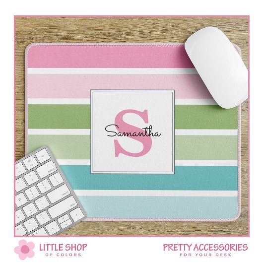Pastelkleurige gestreepte muismat met monogram