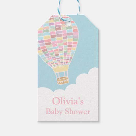 Pastelkleurige hete luchtballon baby shower cadeau cadeaulabel (Voorkant)
