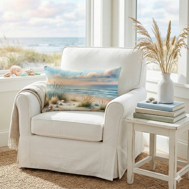 Pastelkleurige Kustduinen Waterverf Kussen (Pastel Coastal Dunes Watercolor Lumbar Pillow Mockup A)