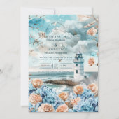 Pastelkleurige Kustvuurtoren Oceaan Bruiloft Kaart (Voorkant)