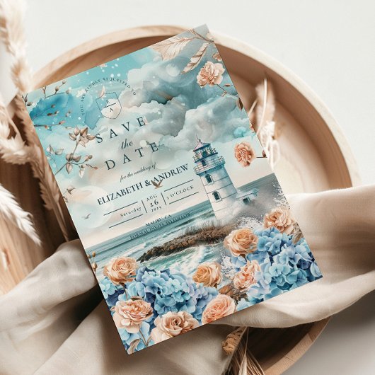 Pastelkleurige Kustvuurtoren Oceaan Bruiloft Save The Date