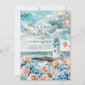Pastelkleurige Kustvuurtoren Oceaan Bruiloft Save The Date (Voorkant)