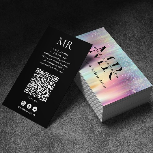 Pastelkleurige Regenboog Glitter Monogram & QR Cod Visitekaartje