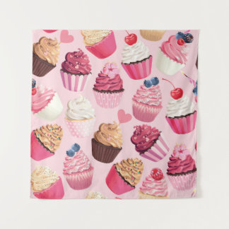 Pastelkleurige Roze Cupcakes: Vintage Patroon. Wandkleed
