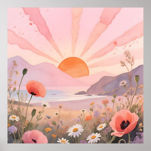 Pastelkleurige Zonsondergang Bloemenweide Poster (Voorkant)