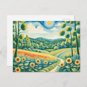 Pastellandschap met zonnebloemvelden en pad briefkaart (Voorkant / Achterkant)