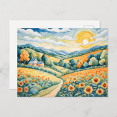 Pastellandschap met zonnebloemvelden en pad briefkaart (Voorkant / Achterkant)