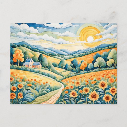 Pastellandschap met zonnebloemvelden en pad briefkaart (Voorkant)