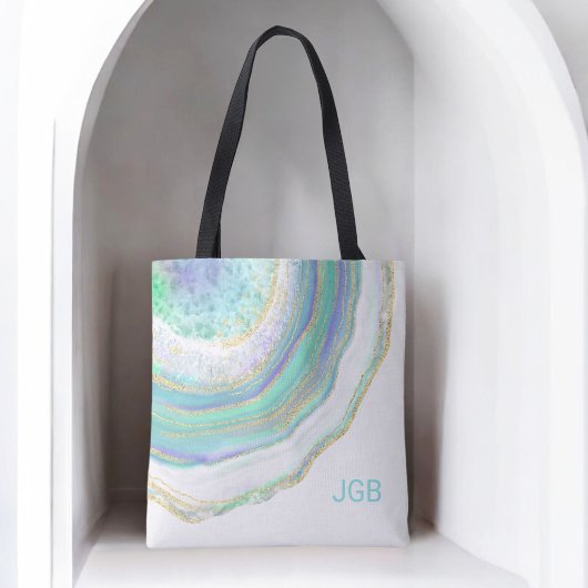 Pastelmarmeren agaatpatroon met monogram tote bag