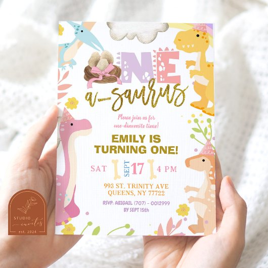 Pastelmeisje A-saurus dinosaurus eerste verjaardag Kaart