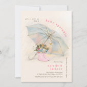 Pastelparaplu Bloemen Roze Laarzen Baby Sprinkle Kaart (Voorkant)