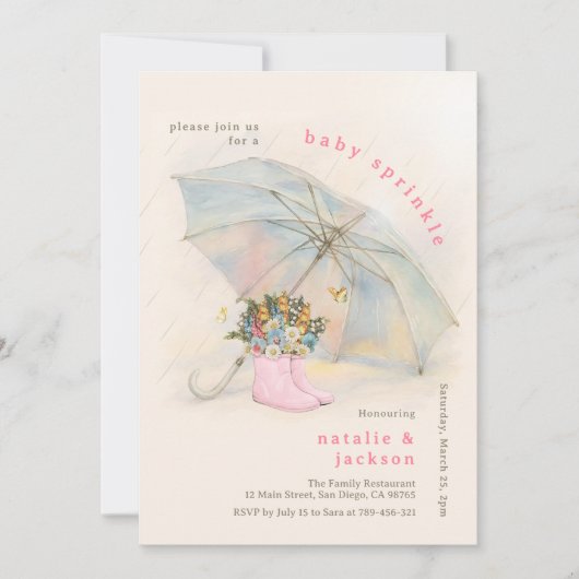 Pastelparaplu Bloemen Roze Laarzen Baby Sprinkle Kaart (Voorkant)