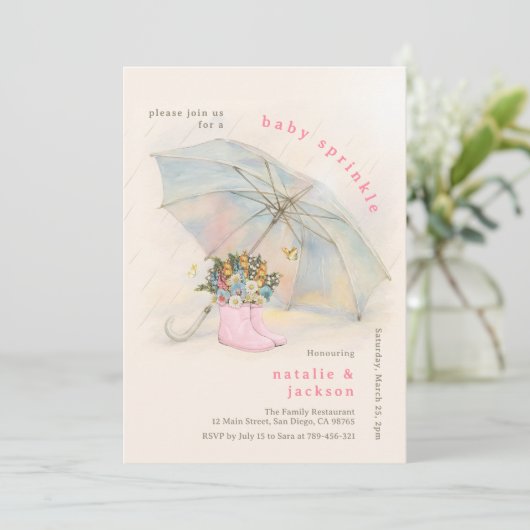 Pastelparaplu Bloemen Roze Laarzen Baby Sprinkle Kaart (Staand voorkant)