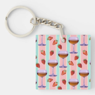 Pastelpatroon met wijnglazen en aardbeien sleutelhanger