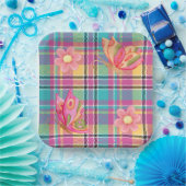 Pastelplaid met vlinders en vierkante bloemen papieren bordje (Feest)