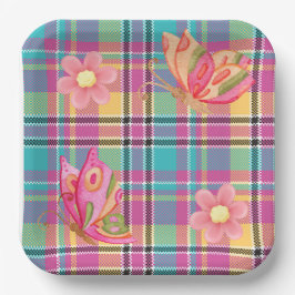 Pastelplaid met vlinders en vierkante bloemen papieren bordje