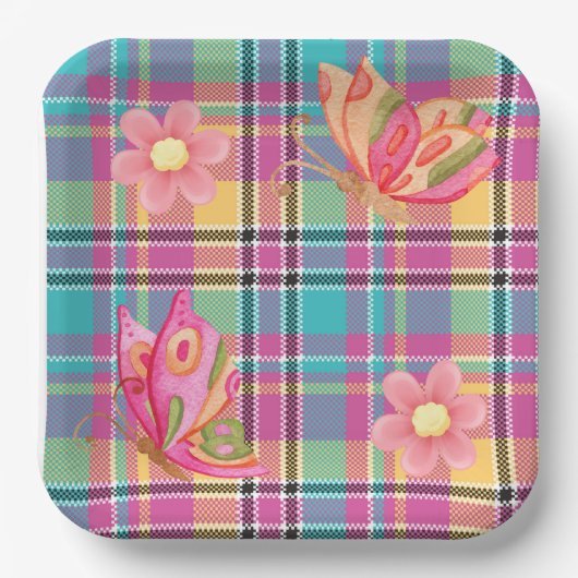 Pastelplaid met vlinders en vierkante bloemen papieren bordje (Voorkant)