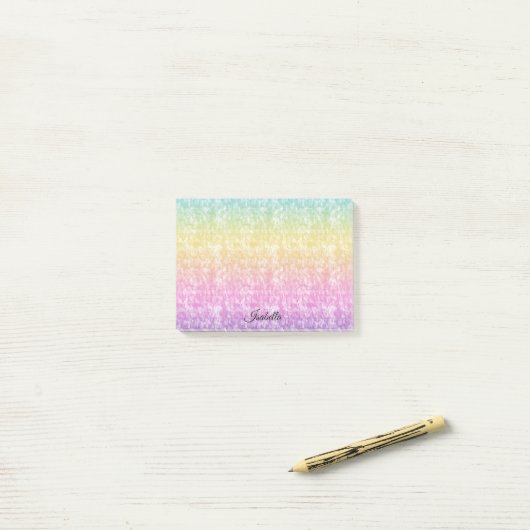Pastelregenboog met naam in script op maat post-it® notes (Op bureau)