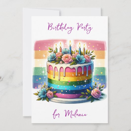 pastelregenboogcake | verjaardagsfeestje kaart (Voorkant)