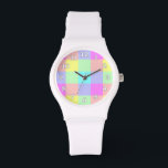 Pastelregenboogcontrole Horloge<br><div class="desc">Dit heldere, kleurrijke ontwerp heeft een licht getextureerd herhalend gecontroleerd/vierkant patroon in een levendige regenboog van pastelkleuren. Het is een stijlvol, levendig, schuimvormend schaakbord dat eruit ziet als springtijd. Geniet ervan als zodanig of gebruik het als achtergrond voor jouw tekst of foto. De horlogeaantallen zijn wit met een zwart overzicht....</div>