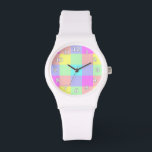 Pastelregenboogcontrole Horloge<br><div class="desc">Dit heldere, kleurrijke ontwerp heeft een licht getextureerd herhalend gecontroleerd/vierkant patroon in een levendige regenboog van pastelkleuren. Het is een stijlvol, levendig, schuimvormend schaakbord dat eruit ziet als springtijd. Geniet ervan als zodanig of gebruik het als achtergrond voor jouw tekst of foto. De horlogeaantallen zijn wit met een zwart overzicht....</div>