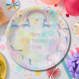 Pastelregenboogkinderen waterverf eenhoorn papieren bordje