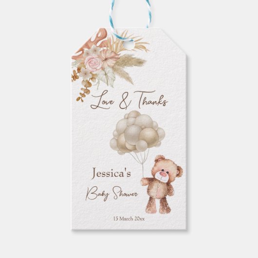 Pastelroombruin boho gedroogde bloemen baby schoen cadeaulabel (Voorkant)