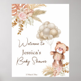 Pastelroombruin boho gedroogde bloemen baby shower poster