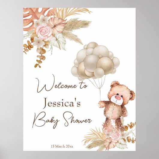 Pastelroombruin boho gedroogde bloemen baby shower poster (Voorkant)