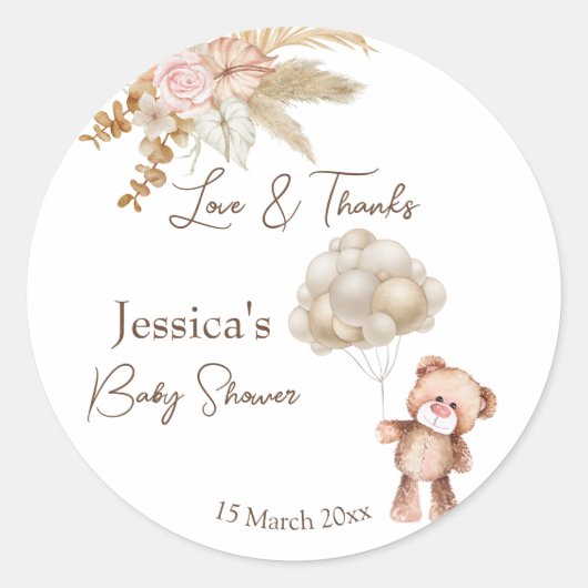 Pastelroombruin boho gedroogde bloemen baby shower ronde sticker (Voorkant)