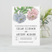 pastelroze blauwe pony bloemen bruiloft kaart (Staand voorkant)