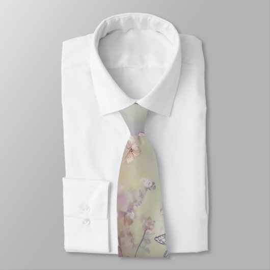 Pastelroze bloem- en vlinderpatroon stropdas (Gebonden)
