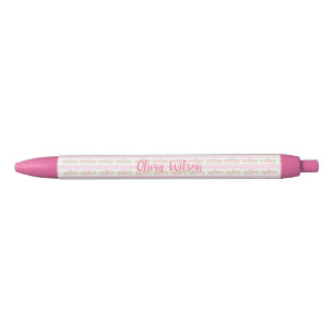 Pastelroze Bloemen en Strepen Coquette Monogram Zwarte Inkt Pen