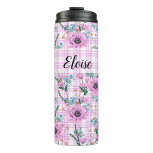 PASTELROZE BLOEMEN MET GERUITE PATRONEN THERMOSBEKER